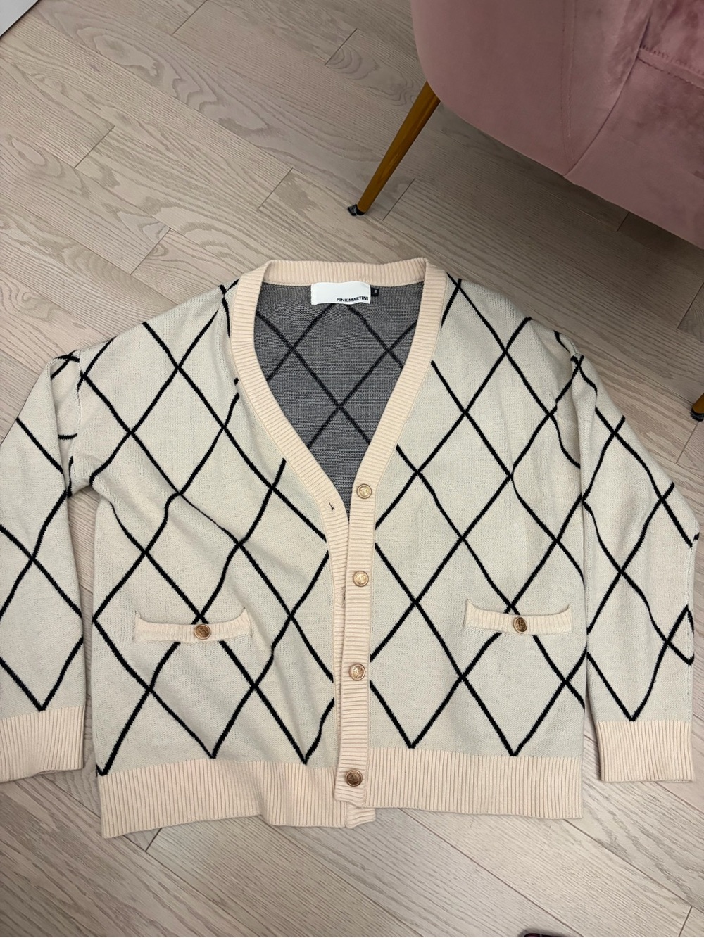 Pink Martini Cream and Black Argyle V-Neck Button Cardigan